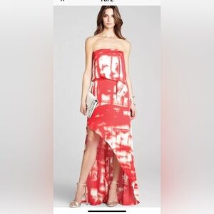 BCBGMaxAzria Coral and White Strapless High-Low Tie-Dye Gown
